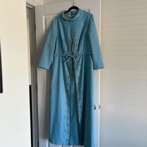60/70s Vintage Sky Blue Embellished Long Sleeve High Collar Dress
